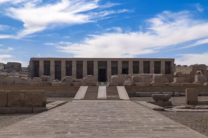 Wide view of Dendera Temple complex walkway and ruins on a private Luxor day tour to Dendera and Abydos