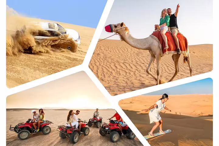 Collage of desert activities including dune bashing, camel riding, ATV riding, and sandboarding in golden sands.