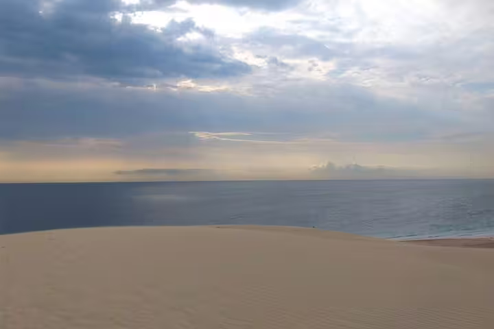 Expansive desert landscape with golden sand dunes overlooking a serene ocean under a vast, cloudy sky.