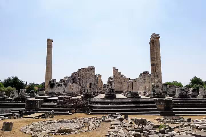 Didyma Temple of Apollo columns and steps on a private full-day Ephesus tour for Kuşadası cruise guests