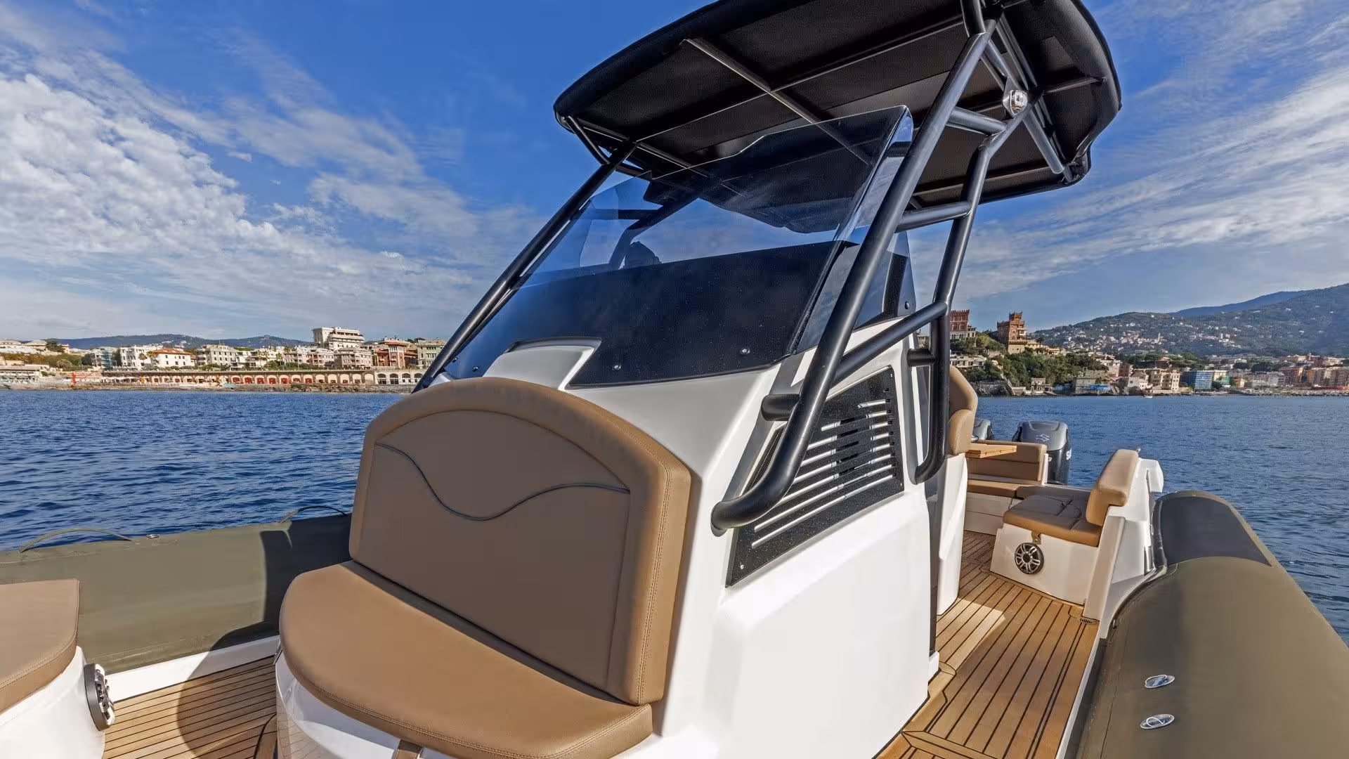 Modern dinghy with comfortable seating and panoramic sea views for La Maddalena tours from Palau.