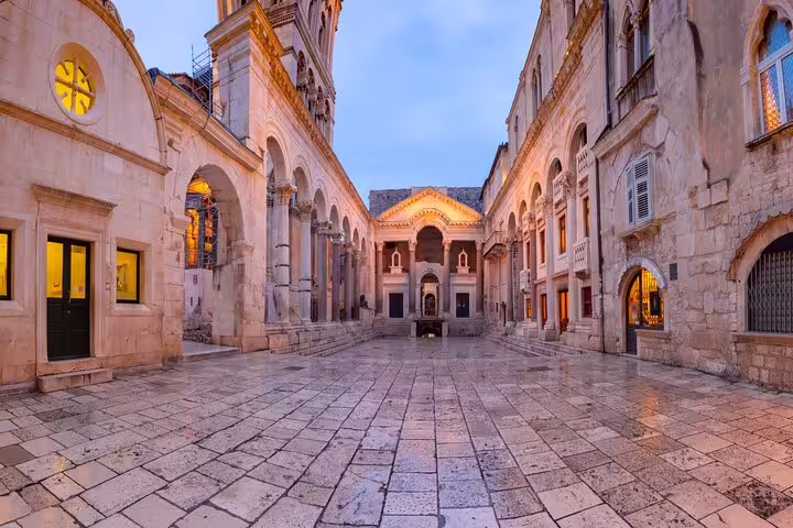 Peristyle courtyard at Diocletian’s Palace in Split at dusk, stop on a self-guided scavenger hunt tour