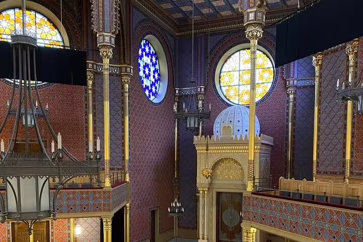 Ornate Dohány Street Synagogue interior with stained glass, columns and bimah on Jewish District walk