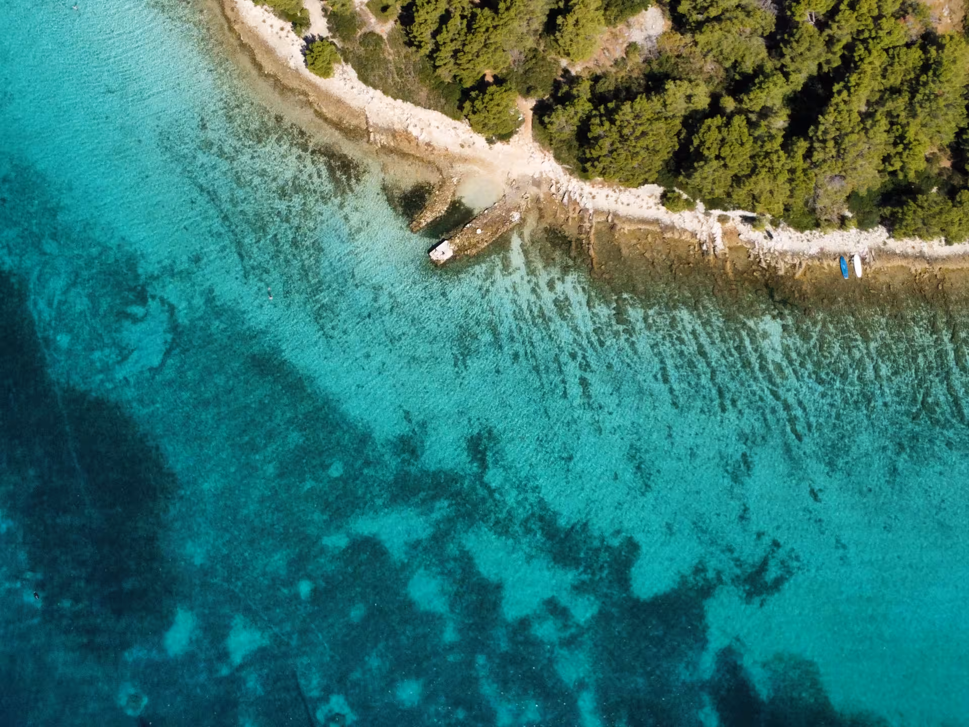 Aerial view of turquoise sea and pine-lined rocky cove, ideal for Dolce far niente coastal escape