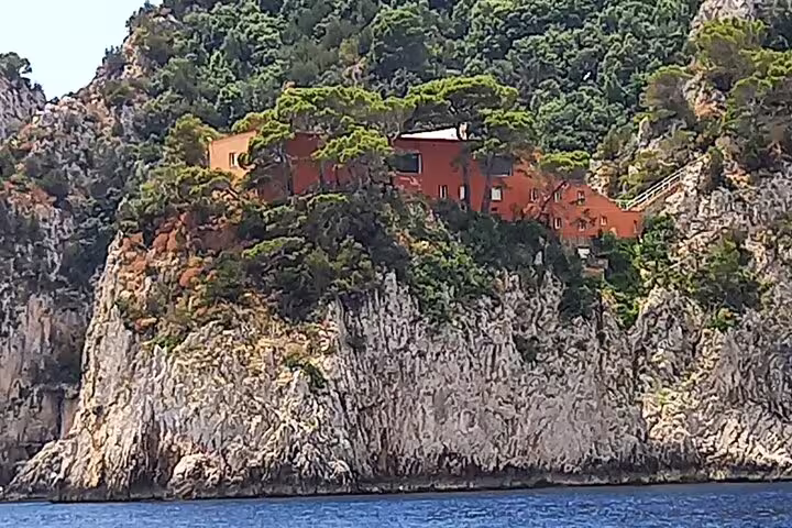 Clifftop villa and pine-covered rocks on Capri, viewed from the sea during a private classic boat tour