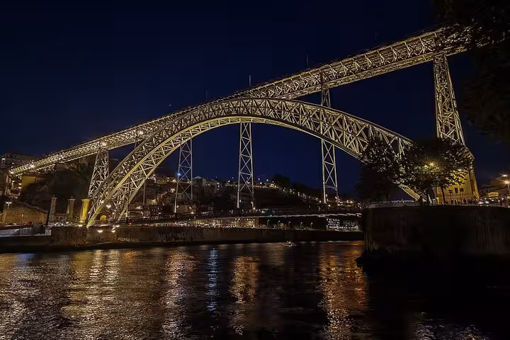 Night view of Porto’s Dom Luís I Bridge over the Douro River, scenic stop on Portugal pilgrimage tour