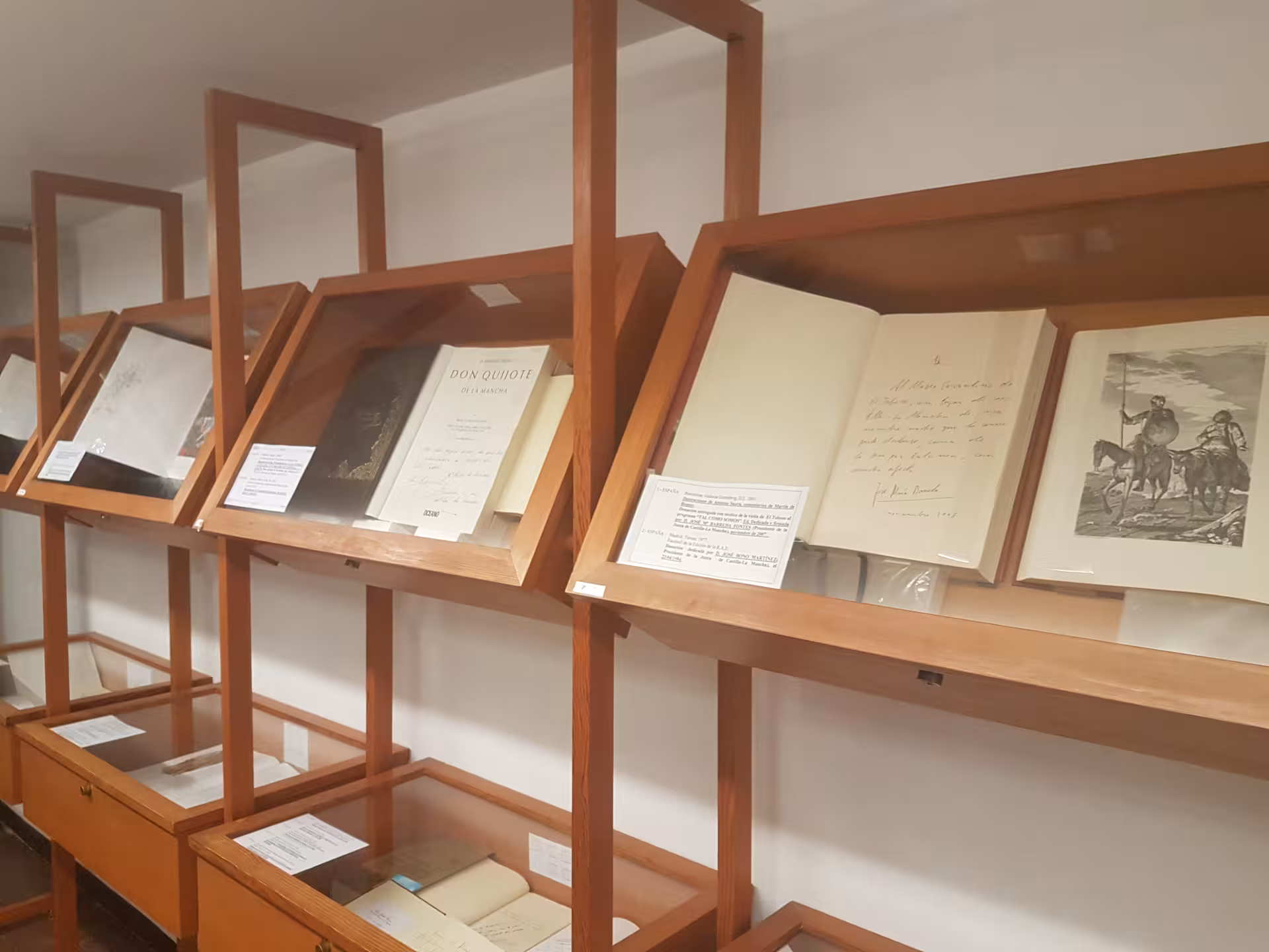 Museum display of rare Don Quixote editions and manuscripts in El Toboso, cultural highlight of the La Mancha tour