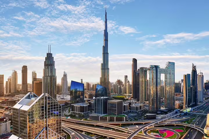 Dubai skyline with Burj Khalifa and Downtown highways, highlight of a private customizable half-day tour