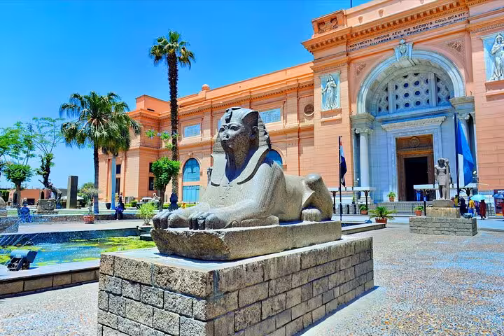 Egyptian Museum Cairo entrance with sphinx statue, cultural visit on 7 days 6 nights Egypt tour with Nile cruise