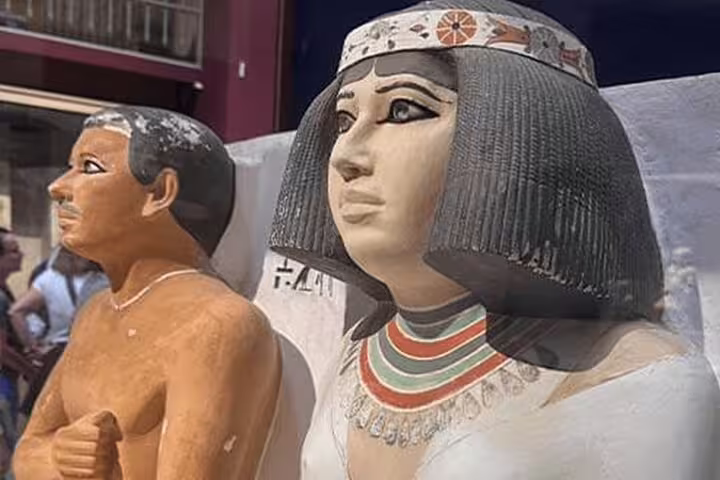 Close-up of ancient Egyptian statues inside the Egyptian Museum Cairo, highlight of private Giza Pyramids tour