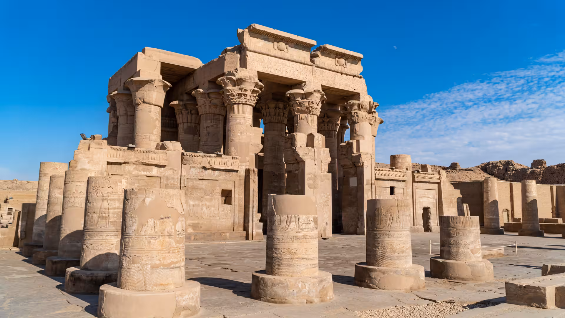 Ancient Egyptian temple columns and carvings, must-see site on 7-day Nile cruise and temples 5-star tour