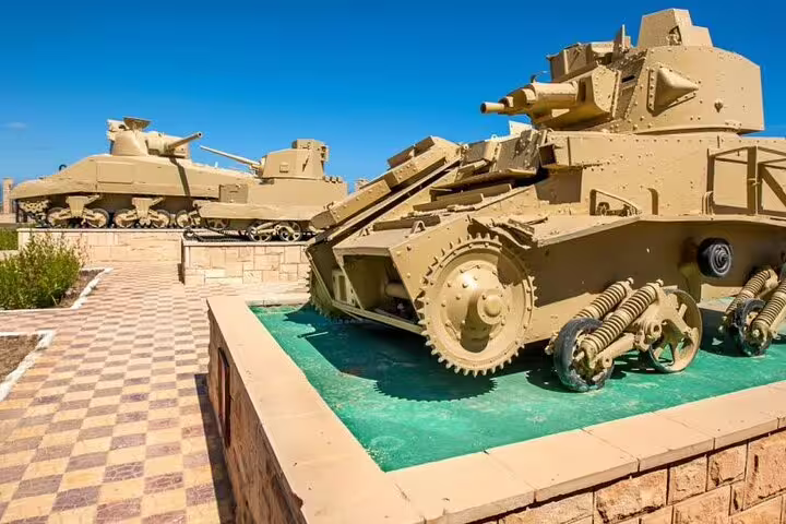 World War II tanks on display at El Alamein War Museum, a key stop on day tour from Cairo
