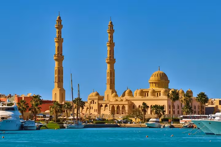 El Mina Mosque and Hurghada Marina waterfront on a private Hurghada city tour with shopping stop