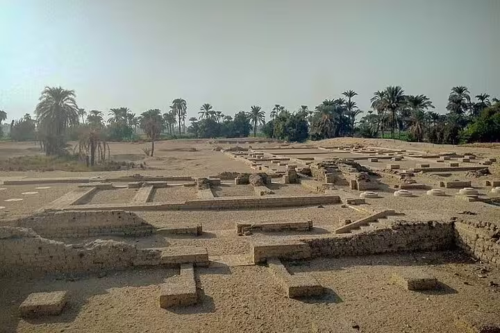 Archaeological site foundations in El Minya oasis landscape, private Cairo to El Minya day trip by car