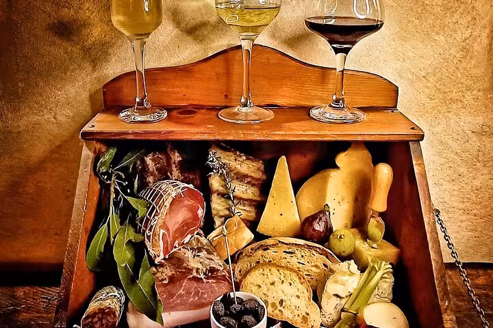 Gourmet charcuterie and cheese board with three wine glasses for an exquisite enogastronomy tour experience.