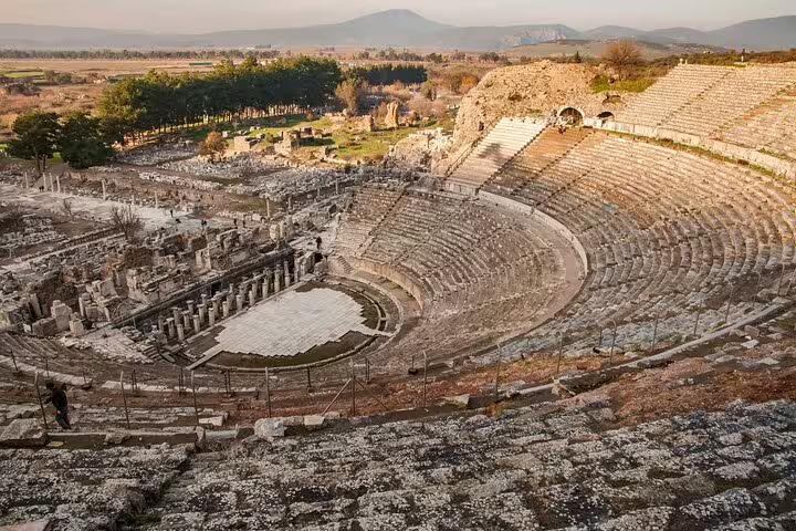 Grand amphitheater in Ephesus, showcasing ancient Roman architecture, ideal for Kusadasi Port's private shore tour visitors.
