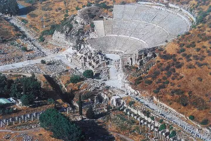 Aerial view of the ancient amphitheater in Ephesus, highlighting its grand stone structure and historical significance.