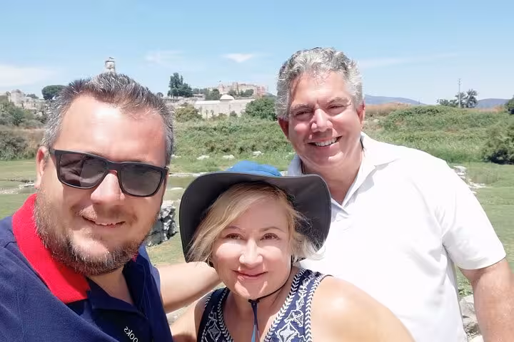 Cruise guests selfie with private guide at Ancient Ephesus, Kusadasi shore excursion, skip-the-line tour