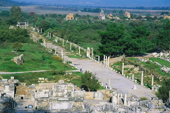 Panoramic view of Ephesus Curetes Street and columns, highlight of private Ephesus tour from Izmir Port