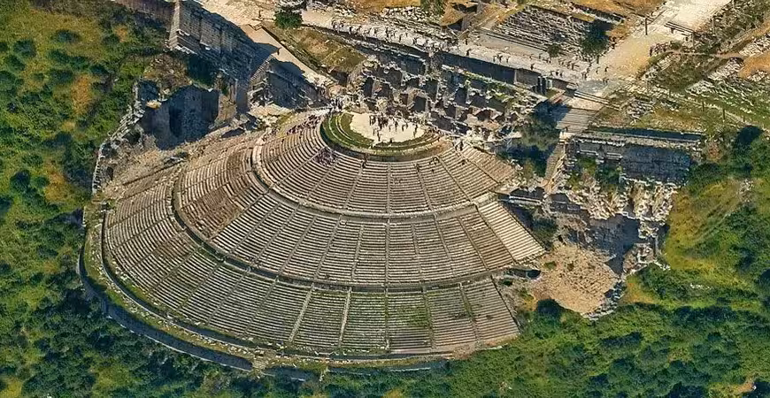 Aerial view of the Great Theatre of Ephesus near Kusadasi, must-see stop on 2-day Ephesus Pamukkale tour