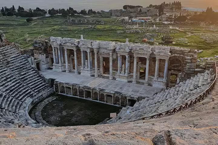Great Theatre of Ephesus at sunset on private shore excursion from Izmir Port, ancient Roman ruins view