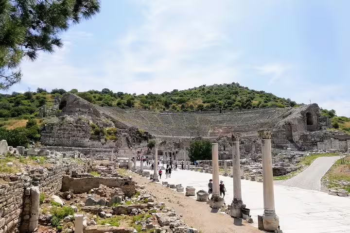 Great Theatre of Ephesus and surrounding ruins, scenic walk on the 3-day mini group Ephesus Pamukkale tour