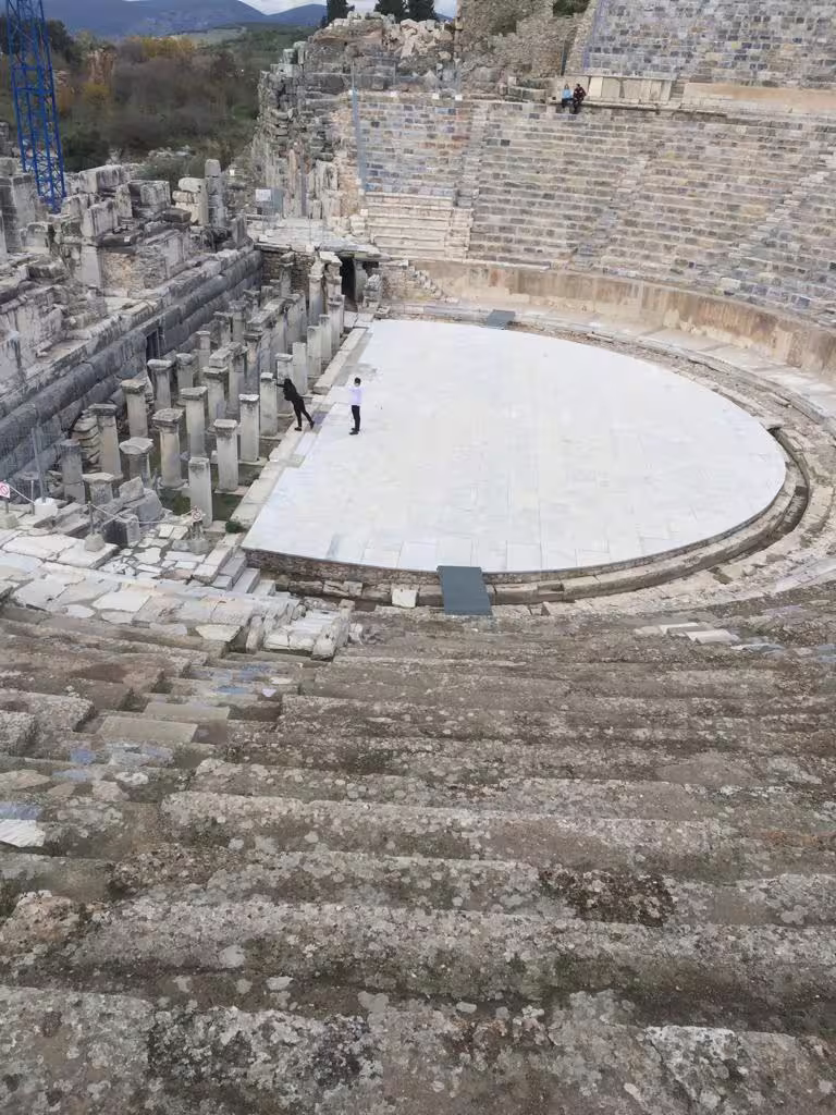 Great Theatre of Ephesus amphitheater view on a private all-inclusive Ephesus and St John Basilica tour with lunch