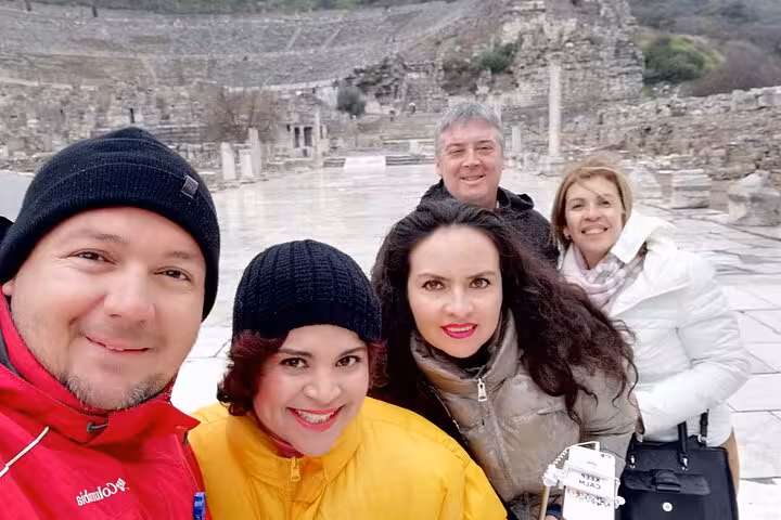 Happy tour group selfie at Ephesus ancient ruins on the Ephesus and House of Mary tour from Bodrum