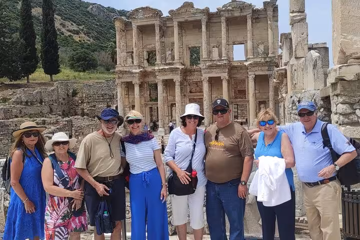 Tour group at the Library of Celsus in Ephesus, a highlight on the Bodrum to Ephesus and House of Mary tour