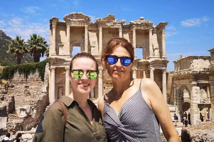 Travelers at Library of Celsus on private Ephesus tour from cruise port, skip-the-line guided shore excursion