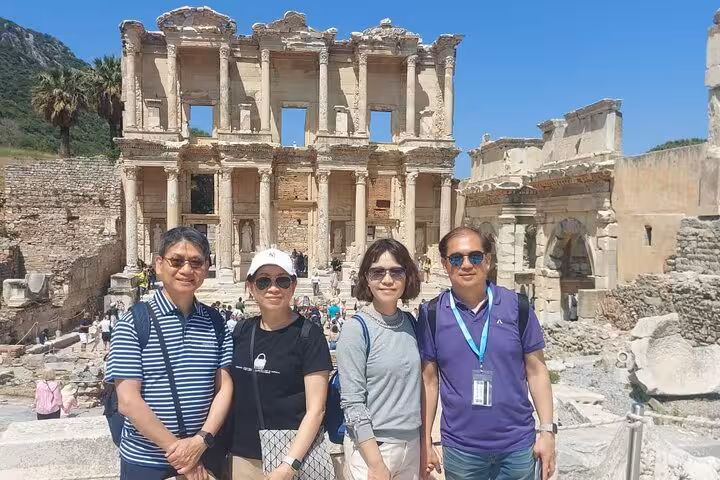 Group photo at Ephesus Library of Celsus on cruise shore excursion, guided tour with lunch from Kusadasi