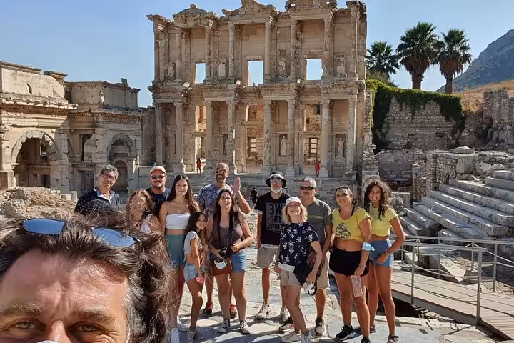 Group photo at the Library of Celsus, Ephesus, on private skip-the-line cruise shore excursion tour