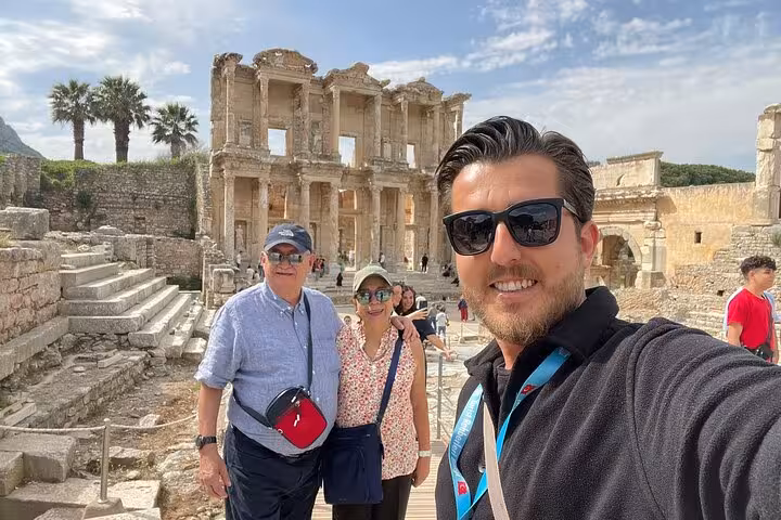Traveler selfie at Ephesus Library of Celsus on full-day Ephesus tour from Izmir hotels with guide