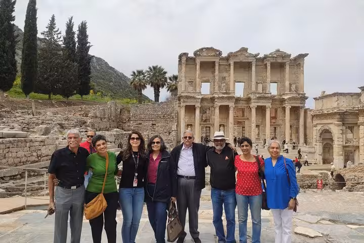 Cruise shore group at Ephesus Library of Celsus on Kusadasi port tour, guided Ephesus excursion