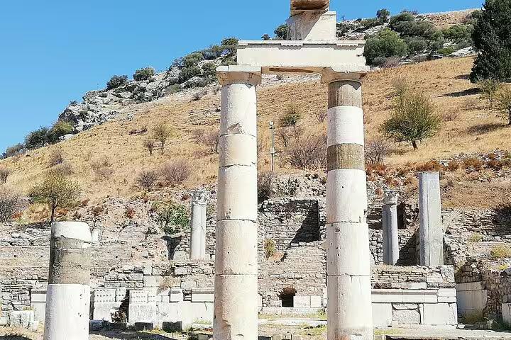 Ancient marble columns at Ephesus ruins on all-inclusive private half-day Ephesus and Sirince tour