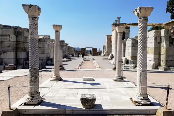 Ancient marble columns at Ephesus archaeological site on private all-inclusive tour with St. John Basilica and lunch