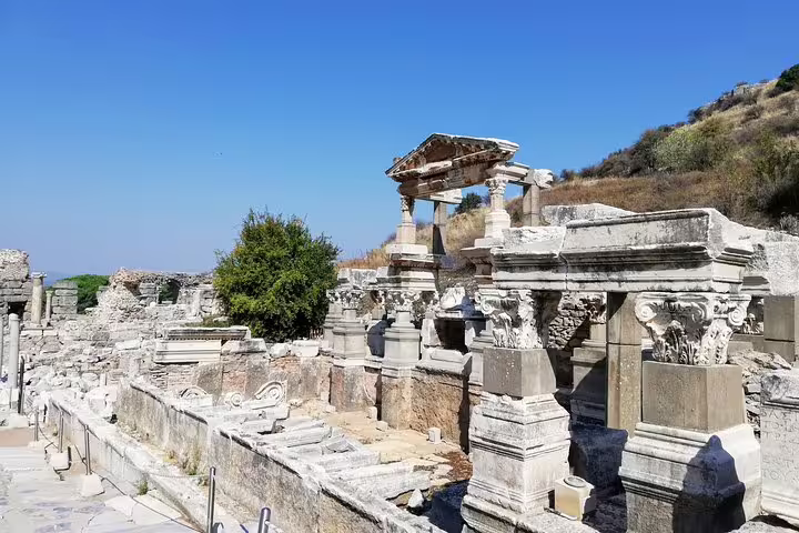 Ancient marble ruins and columns at Ephesus on a 3-day mini group tour to Pamukkale and PMD