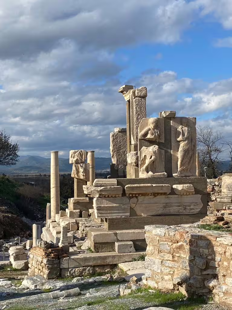 Ancient marble ruins and columns at Ephesus archaeological site, highlight of private Ephesus & St John Basilica tour with lunch