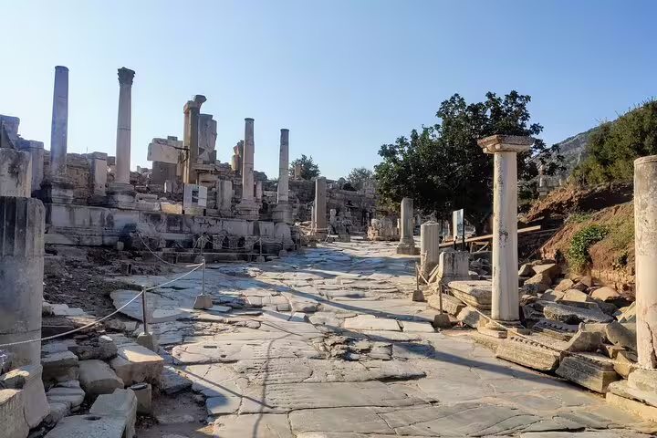 Marble street and columns in Ephesus ruins on 7 Churches of Revelation 10-day Turkey tour from Istanbul to Cappadocia