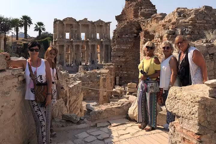 Cruise guests at Ephesus with Library of Celsus backdrop on private skip-the-line shore excursion