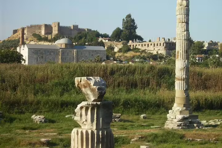 Ancient Ephesus ruins near Selçuk castle on a private full-day tour for cruise guests from Kuşadası