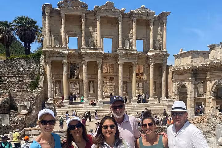 Tour group at the Library of Celsus on an Ephesus tour from Izmir hotels, guided day trip in Turkey