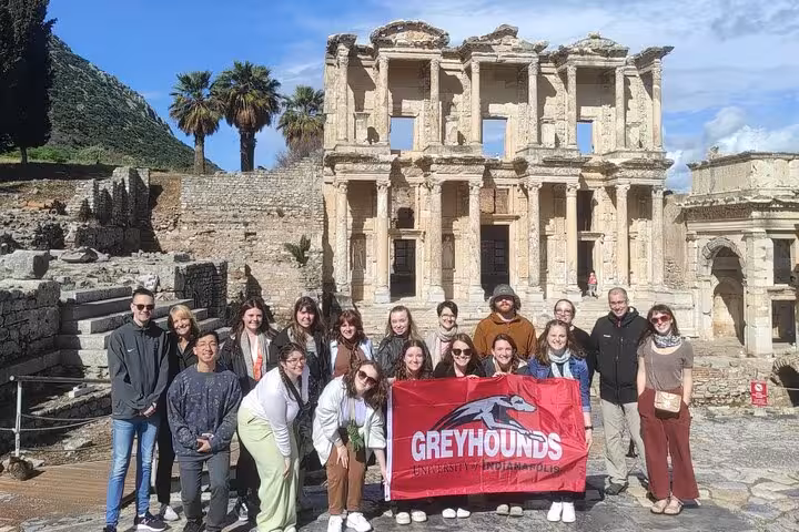 Group photo at the Library of Celsus during Ephesus cruise shore excursion with guided tour and lunch