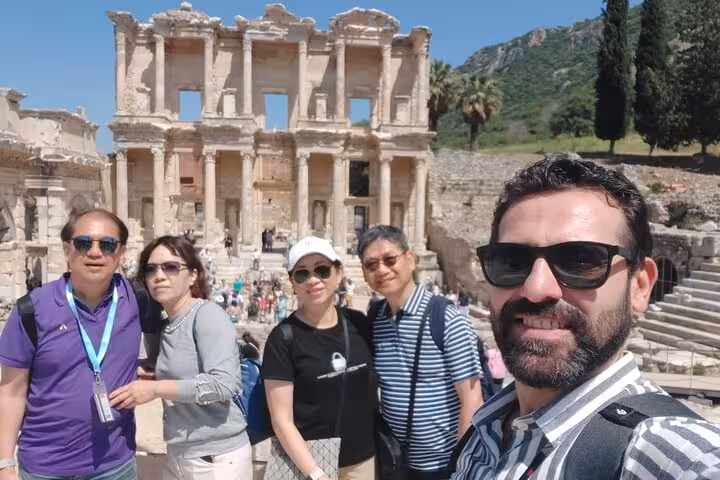 Cruise guests selfie at Library of Celsus, Ephesus shore excursion with guide and lunch from Kusadasi