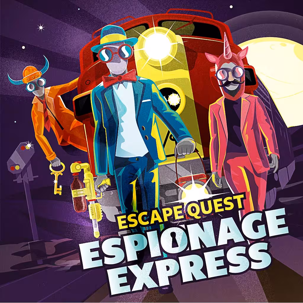 Escape Quest Espionage Express poster with stylish agents, train heist theme and escape room adventure vibes
