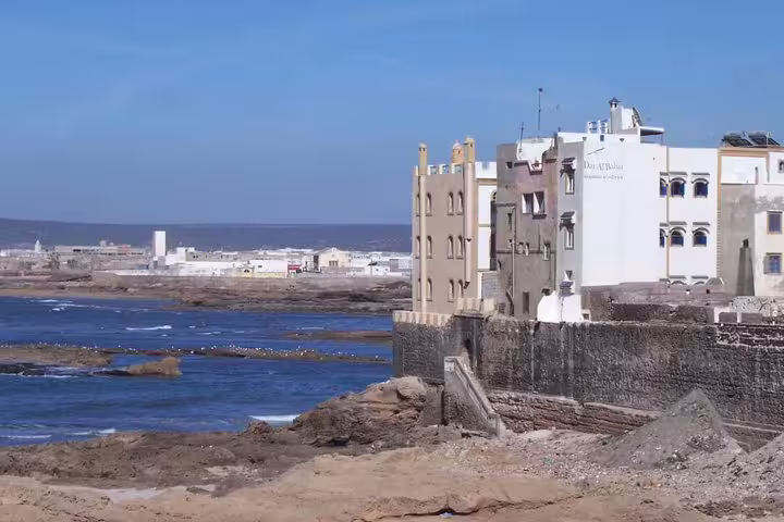 Essaouira ramparts and Atlantic coast view on private day trip from Marrakech, seaside medina skyline