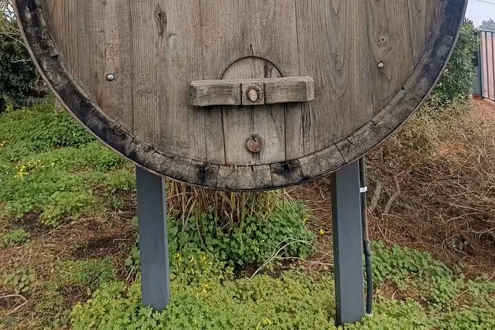 A rustic wooden wine barrel stands on lush greenery at a Mount Etna vineyard, symbolizing traditional wine-making.