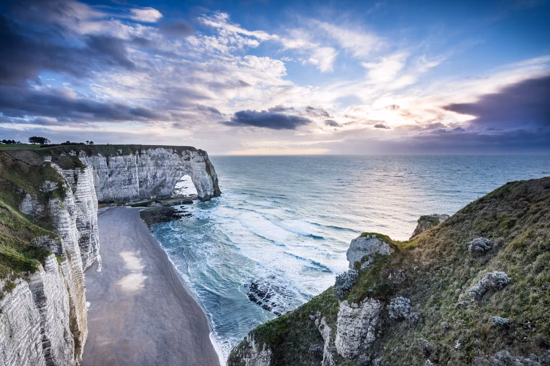 Etretat Normandy coast cliffs and natural sea arch at sunset on a 1-day small-group luxury minivan tour