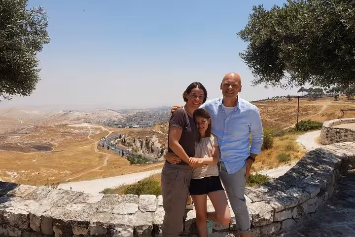 Family at Jerusalem viewpoint on private full-day Jerusalem and Bethlehem tour from Tel Aviv, panoramic hills