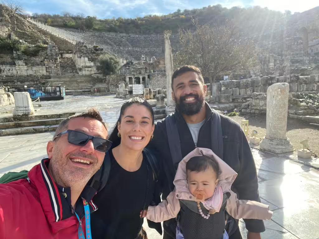 Happy family selfie at Ephesus ancient ruins on a private panoramic tour near Kusadasi, Turkey